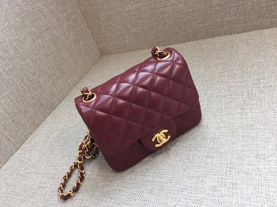 Mini Classic Flap Lambskin Bag A01115 Purplish Red/Gold